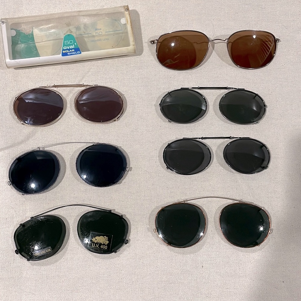 7 pairs of vintage Clip-On sunglasses Hipster Great lot for resale black gold